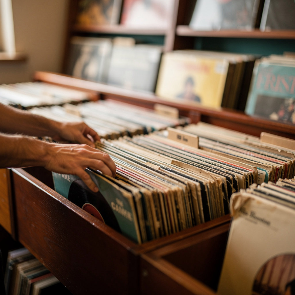 Intérieur de la boutique Vintage Wax Records à Chalon-sur-Saône, bacs de vinyles et pochettes vintage